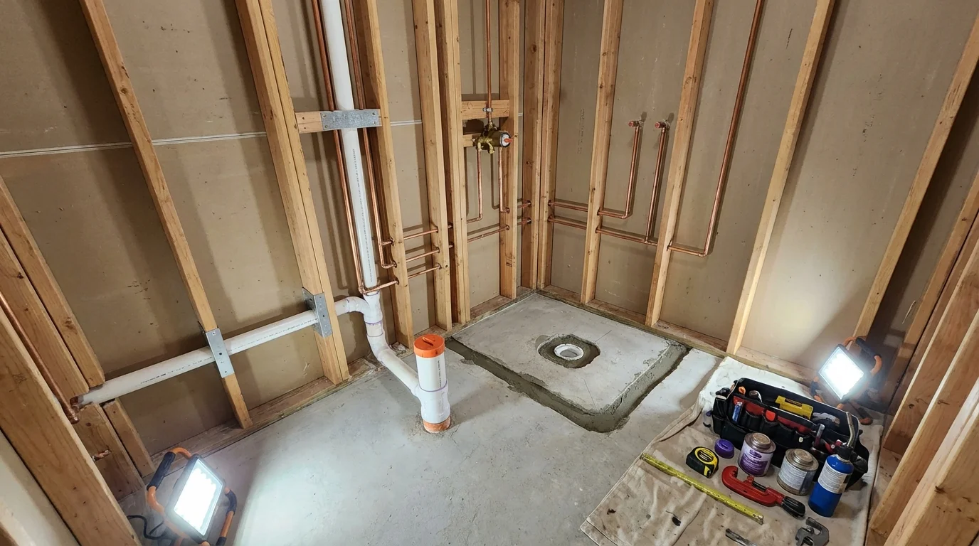 Bathroom rough-in plumbing during remodel by Johns Plumbing LLC in Amherst