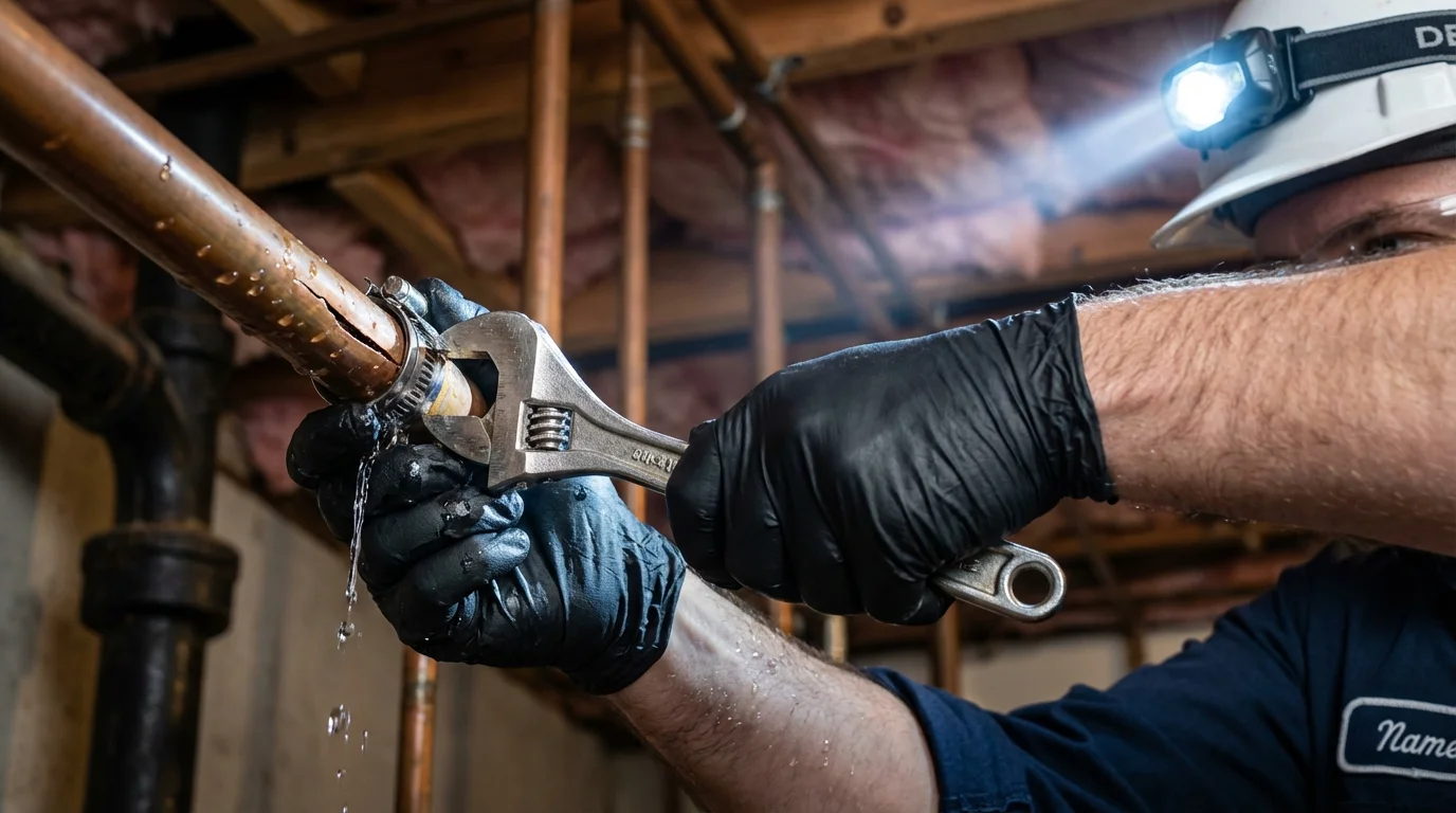 Emergency pipe clamp repair being performed by a Johns Plumbing LLC plumber in Amherst