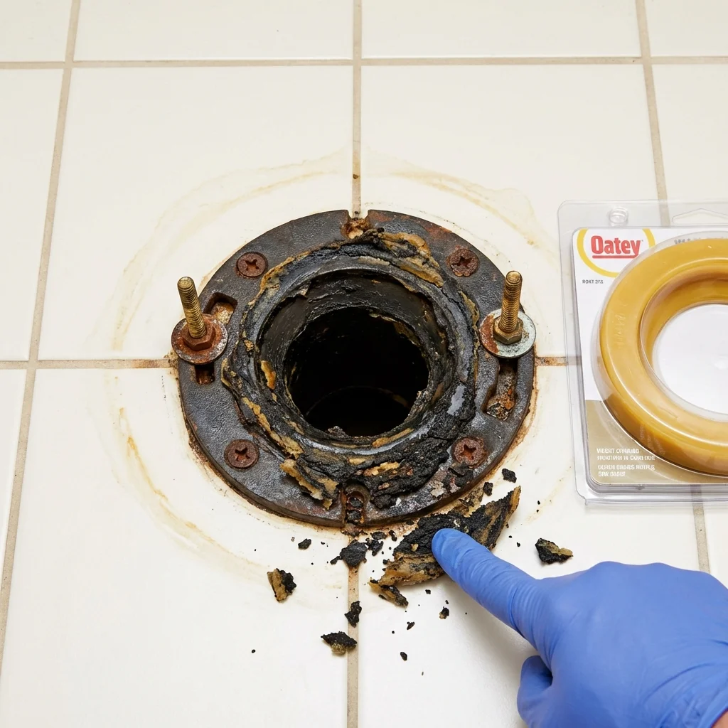 Failed wax ring showing water seepage at the base of a toilet in a Amherst, MA home