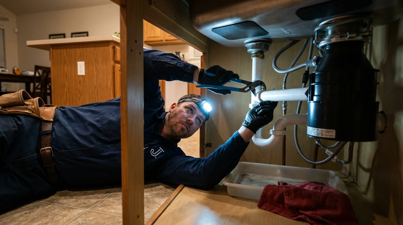 P-trap and supply line connections under a kitchen sink showing a common leak point in Amherst, MA